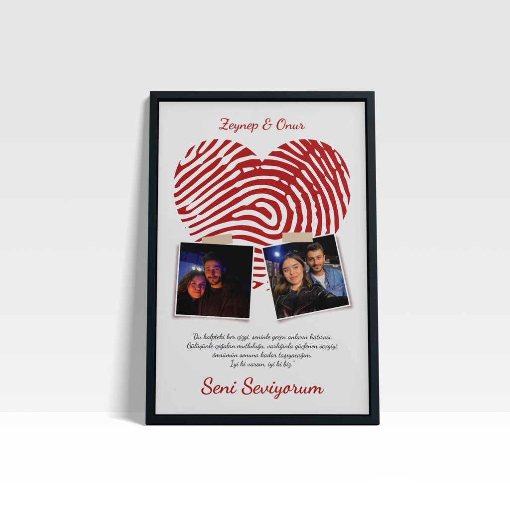 Kişiye Özel Parmak İzi Kalp Tablosu – İki Fotoğraflı Aşk Hatırası