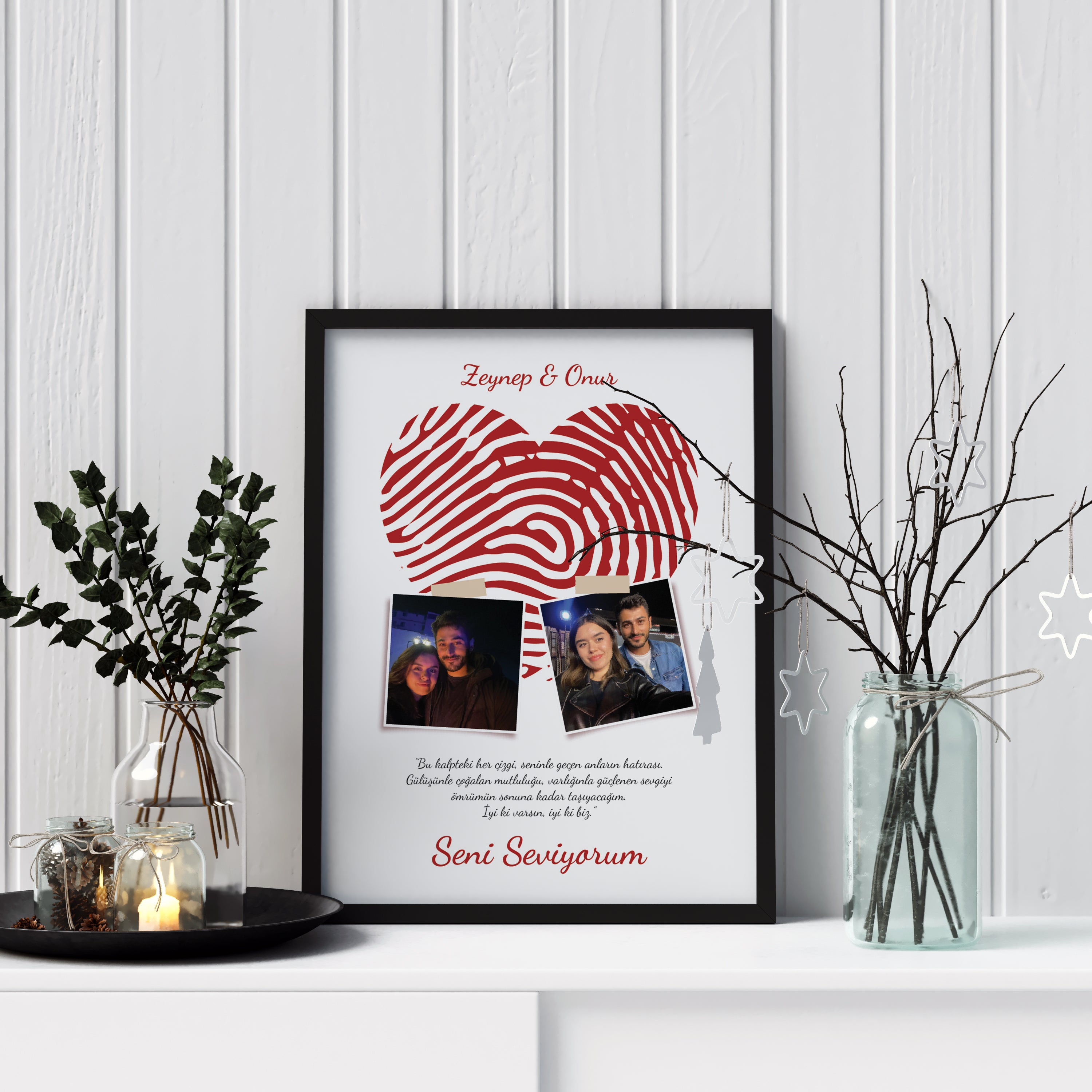 Kişiye Özel Parmak İzi Kalp Tablosu – İki Fotoğraflı Aşk Hatırası