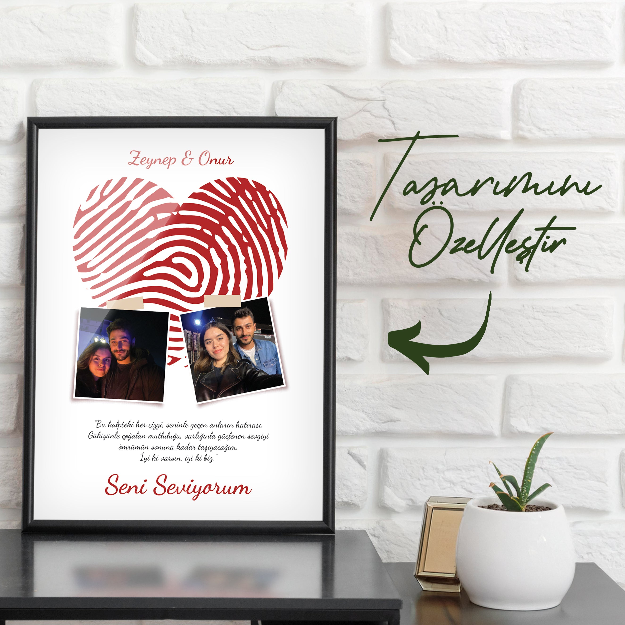 Kişiye Özel Parmak İzi Kalp Tablosu – İki Fotoğraflı Aşk Hatırası