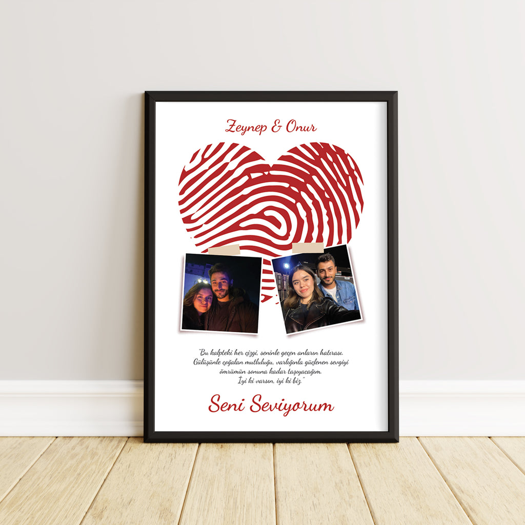 Kişiye Özel Parmak İzi Kalp Tablosu – İki Fotoğraflı Aşk Hatırası