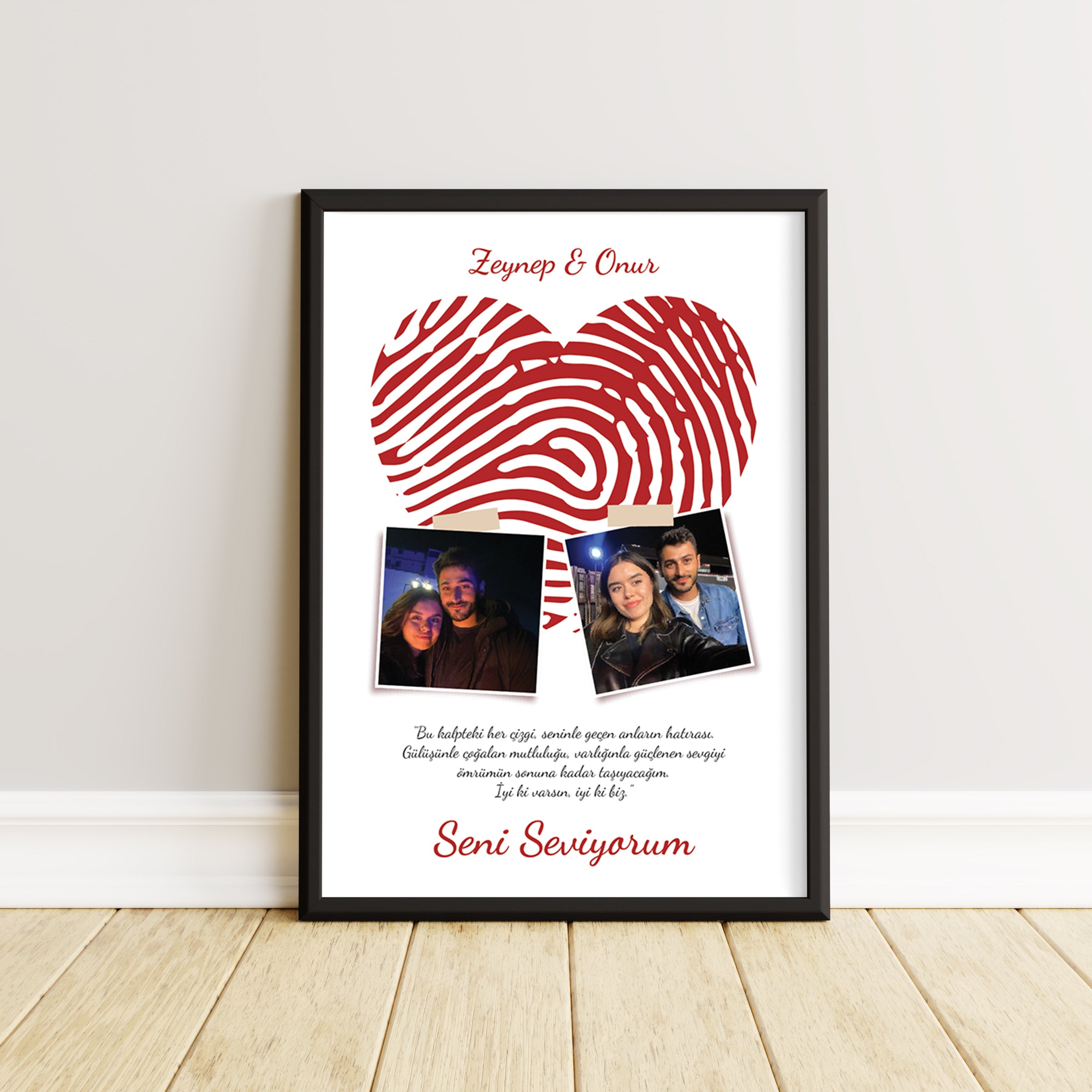 Kişiye Özel Parmak İzi Kalp Tablosu – İki Fotoğraflı Aşk Hatırası