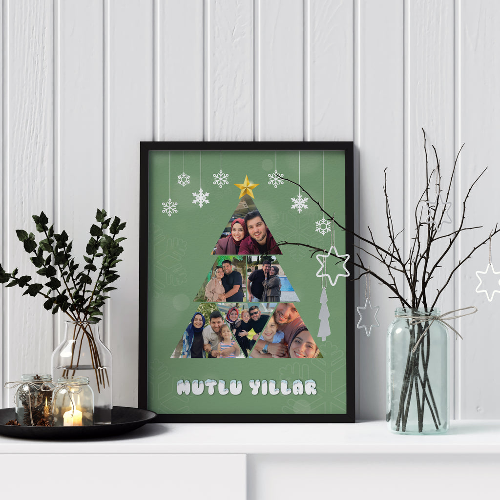 Kişiye Özel Fotoğraflı Yılbaşı Ağacı Tablosu – Mutlu Yıllar Hatırası