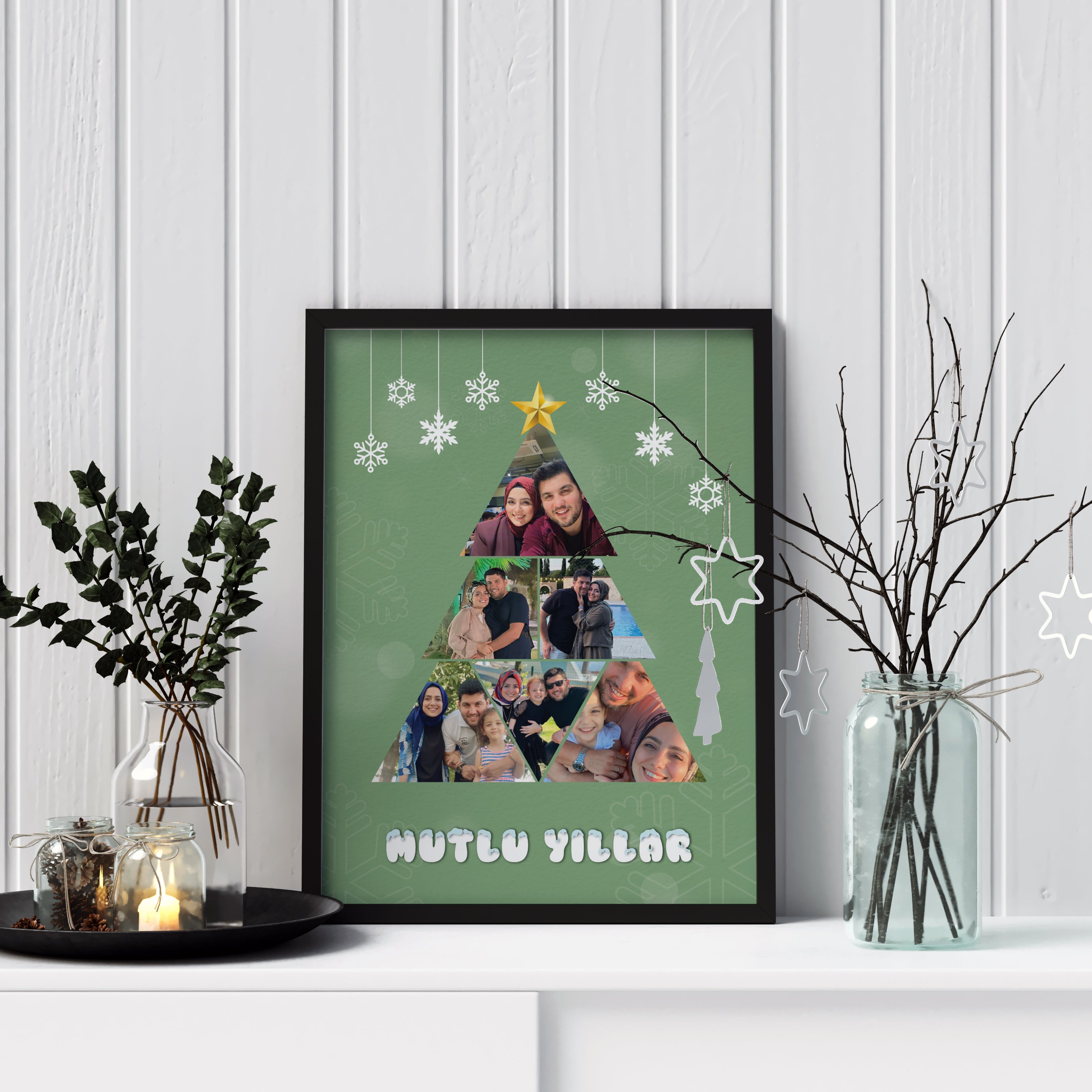 Kişiye Özel Fotoğraflı Yılbaşı Ağacı Tablosu – Mutlu Yıllar Hatırası